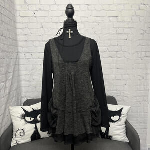 Point Zero Gothic Lolita flowy draped layered long sleeve dress mesh panels Sz M
